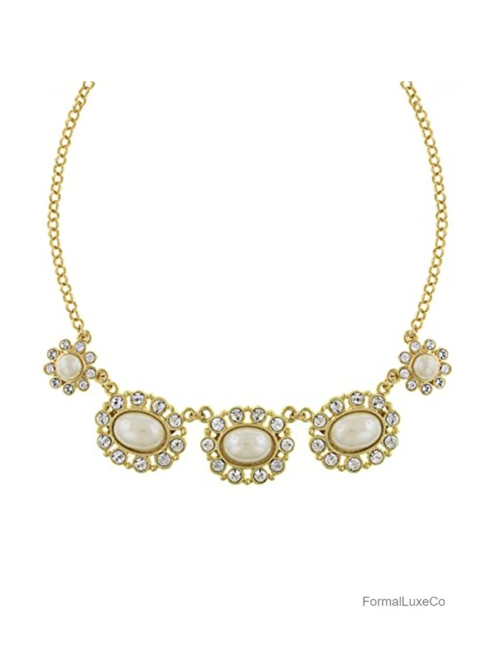 Faux Pearl & Crystal Collar Necklace, 16-19" Adjustable, Gold Tone, Lobster